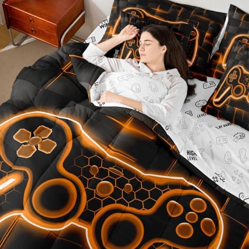 Feelyou Kids Gamer King Comforter Set with Sheets 7 Piece Orange and Black Bedding Set for Boys Teens Decor Gaming Ombre Bed in a Bag Geometric Square Bed Set - Image 7