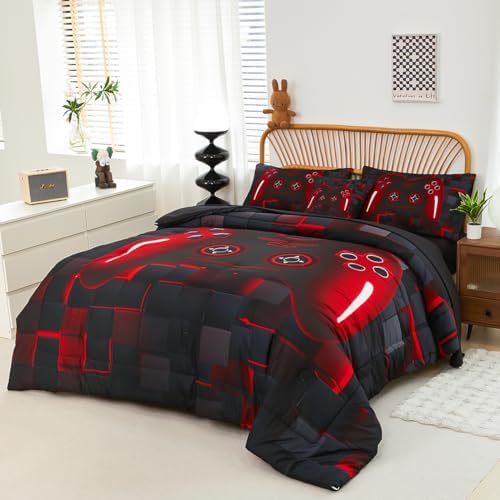 PERFEMET Boys Bedding Set Twin Size 6-Piece Game Console Comforter Set for Kids Teen 3D Black and Red Gamepad Gaming Bed in a Bag Matching Sheet Set(Red, Twin) - Image 2