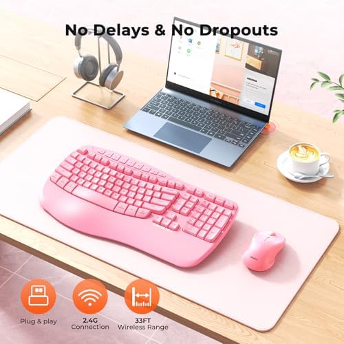 MEETION Ergonomic Wireless Keyboard and Mouse Combo with Wave Keys, Pink - Image 5