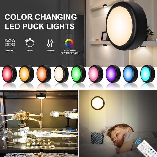 BLS LED Puck Lights with Remote Control, Wireless Under Cabinet & Closet Lighting, RGB 13 Color Changing Lights with Dimmer, Timer & AA Battery Operated, Push, Touch, Stick on for Night, Black, 6 Pack - Image 6