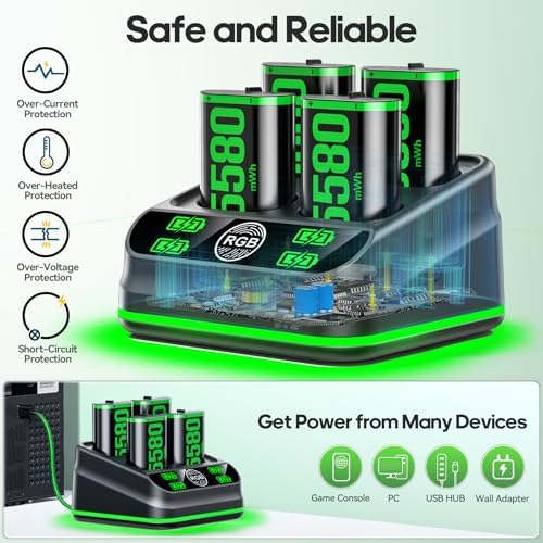Rysker Charger with 4 x 5580mWh Rechargeable Battery Pack for X Box One X|S/Series X|S Controller, Rechargeable Batteries Charger Station for X Box One Accessories Cases & Storage - Image 5