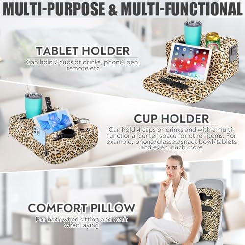 TabCouchCaddy - Couch Cup Holder Tray Pillow - Bed, Couch Caddy, Sofa, RV & Car - Holds Drinks, Snacks, Remotes, Phones, Kindle, Tablet | Bed Cup Holder (Leopard) - Image 5