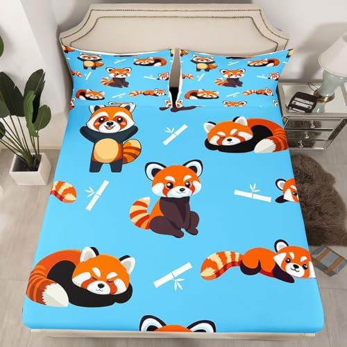 Erosebridal Red Panda Sheet Set Kawaii Fitted Sheet Full Size Cute Animal Pattern Flat Sheet for Kids Boys Girls Cartoon Panda Printed Bed Sheet Set Wildlife Style Top Sheet Child Bedroom Decor Blue - Image 2