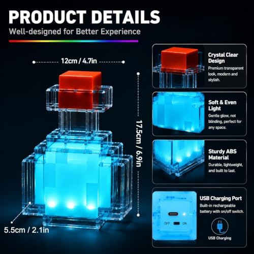 Pixel Style Potion Bottle Lamp 15 Color, Interactive RGB Night Light with Shake Activated Color Changing, USB Rechargeable Magic Potion LED Desk Lamp for Room Decor, Kids Boys Gaming Fans Gifts - Image 4