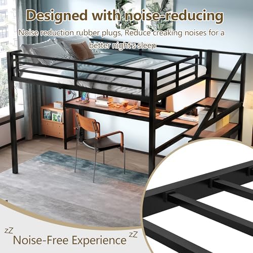 Bellemave Queen Loft Bed with Desk & Storage Stairs, Metal Queen Size Loft Bed Frame with Iron Nets, LED Lights & USB Ports, Heavy Duty Adult LoftBed for Bedroom, Noise-Free, Black - Image 6