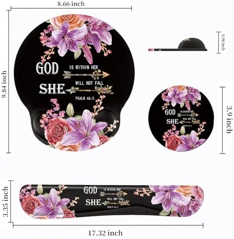Keyboard Wrist Rest and Mouse Pad Wrist Support Set with Coasters,Ergonomic Gaming Mousepad for Home Office Working Studying Easy Typing & Pain Relief,Flower Bible Verse Psalm 46-5 - Image 2