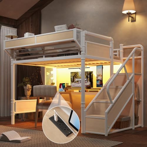 KEIKI Full Size Metal Loft Bed Frame with Storage Staircase & Built-in Desk & Wardrobe, Loft Bed with Pegboard & Mesh Storage Baskets & Slats, No Box Spring Required, Easy Assembly, for Bedroom, White - Image 3
