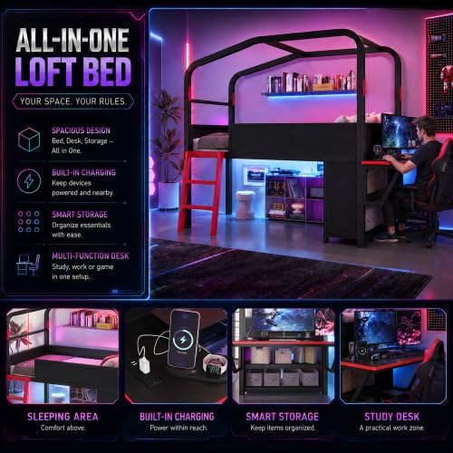 Bellemave Twin Size Gaming Loft Bed with Side Desk, Storage Cabinets & USB Ports, Metal Low Loft Bed Frame with Canopy Design & LED Lights for Kids Teens (Black/Twin) - Image 4