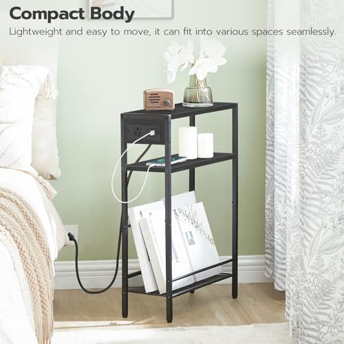 HOOBRO Small Narrow Side Table with Charging Station, Skinny End Table for Small Spaces, Slim Nightstand with USB Ports Outlet, Sofa Beside Table with Storage Shelf, Black BB102UBZ01 - Image 4