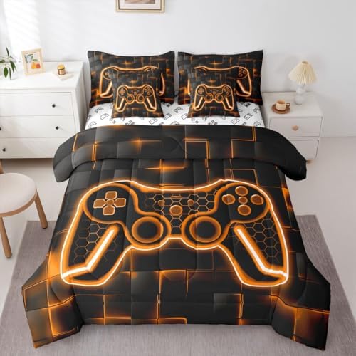 Feelyou Kids Gamer King Comforter Set with Sheets 7 Piece Orange and Black Bedding Set for Boys Teens Decor Gaming Ombre Bed in a Bag Geometric Square Bed Set - Image 3