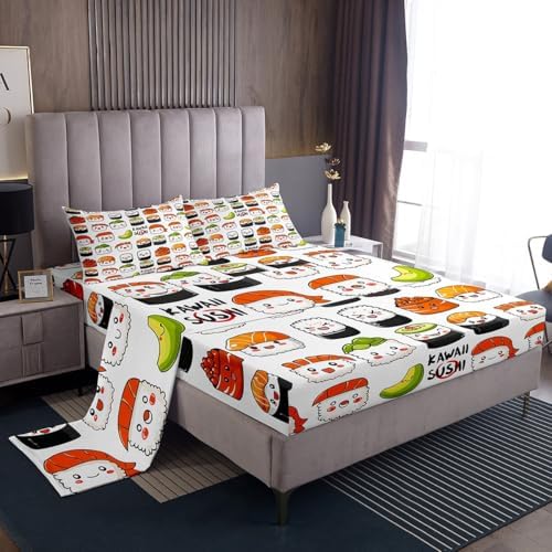 Erosebridal Sushi Bed Sheets Full, Cartoon Sea Animal Sheet Set for Kids Boys Girls, Cute Sushi Pattern Bedding Set, Japanese Style Kawaii Bed Sheets, 1 Flat Sheet, 1 Fitted Sheet, 2 Pillowcases by Erosebridal