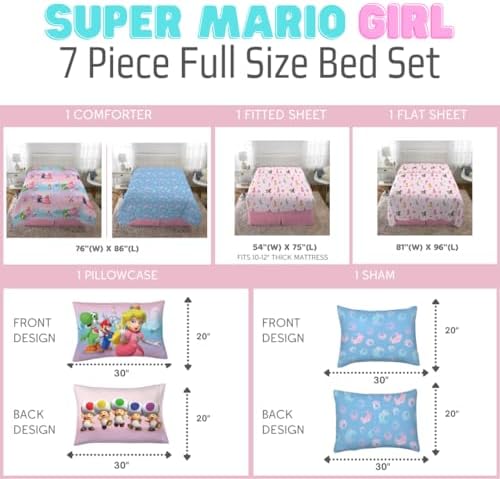 Super Mario Girl Princess Peach Girl Gamer Kids Bedding Super Soft & Cozy Reversible Microfiber Comforter and Sheet Set with Sham, 7 Piece Full Size, (Officially Licensed Product) By Franco - Image 2