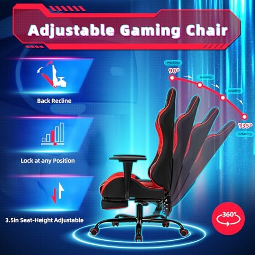 ECOTOUGE Red Ergonomic PC Massage Gaming Chair with Footrest | Reclining Racing PU Leather, Swivel Rocker, Headrest, Lumbar Pillow, Office Desk Chair, Adjustable Height, Sturdy Base - Image 6