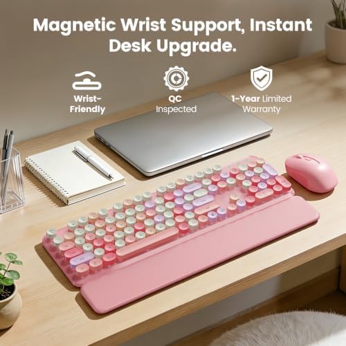 Wireless Keyboard and Mouse Combo with Magnetic Wrist Rest, Round Keycaps, Full-Size Retro Typewriter-Style Keyboard, Two-Stage Tilt Legs, Auto-Sleep, 2.4GHz for Windows PC Laptop, Pink Colorful - Image 2