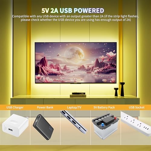 PAUTIX 5V USB RGB COB LED Strip Light 4.92ft/1.5m Color Changing Strip Lights,TV Backlight Multicolor Flexible Under Cabinet Tape Lights with Bluetooth Control for Bedroom,Kitchen,Home DIY Lighting - Image 6
