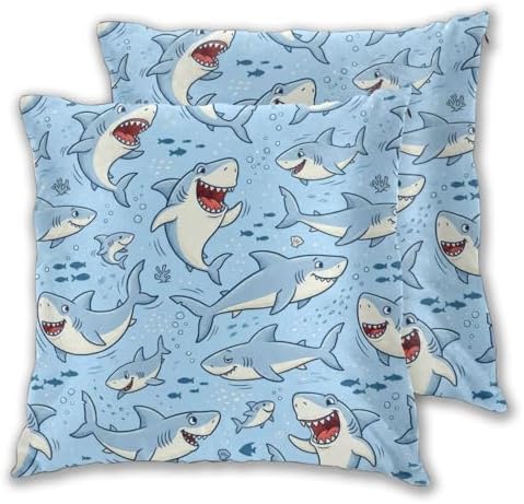 Shark Lover Gifts Pillowcase Set of 2 Sharks Ocean Animals Theme Throw Pillow Covers Shells for Couch Office Bedroom Home Decoration, 18"X18" by Abucaky