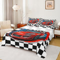 Racing Car Bedding Set Full Size, Cool Speed Race Car Bed Sheets for Kids Boys Teens Bedroom, Automobile Extreme Sport Sheet Set White Black Fitted Sheet Grid Buffalo Flat Sheet with 2 Pillow Cases by Erosebridal