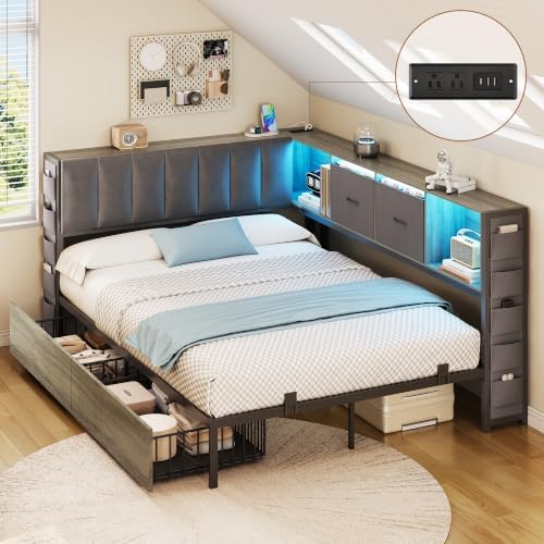 MapleGrace Full Corner Bed Frame with Upholstered Storage Headboard and Drawers, Metal Platform Bed Frame with LED Light and Charging Station, Full Daybed for Living Room, Bedroom & Guest Room, Gray by MapleGrace