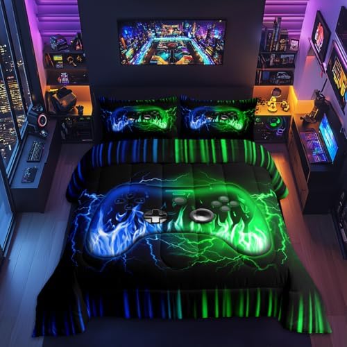 Feelyou Gamer Comforter Set for Kids Boys,3D Video Gaming Bedding Set Toddler Size,Kids Teens Game Bedroom Room Decor,Blue Green Game Contoller Comforter,Geometric Fire Gaming Bed Set for Game Lovers by Feelyou