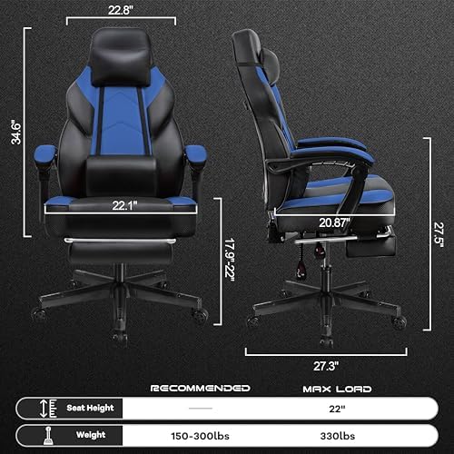 Gaming Chair for Adults, Video Game Chair with Footrest, Big and Tall Gaming Chair Heavy Duty Computer Chair with Massage Lumbar, Ergonomic Adjustable Height and 360° Swivel Seat, PU Leather, Blue - Image 3