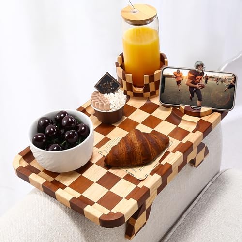 Nnewvante Checkerboard Couch Armrest Table, 3 in 1 Clip-on Table Rubberwood by Nnewvante