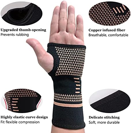 Copper Wrist Compression Sleeve, Elastic Wrist Support Sleeve Wrists Brace for Tendonitis, Arthritis, Sprains Pain Relief, Breathable Carpal Tunnel Hand Brace for Sport, Fitness, Workout, Typing - Image 2