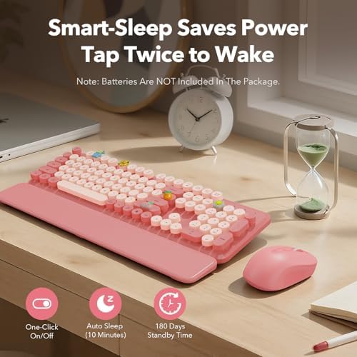 Wireless Keyboard and Mouse Combo, Cute Full-Size Retro Typewriter Keyboard with Round Keycaps, Magnetic Wrist Rest, Tilt Legs, 2.4GHz Cordless for Mac, Windows PC, Laptop, SABLUTE CK23, Baby Pink - Image 5