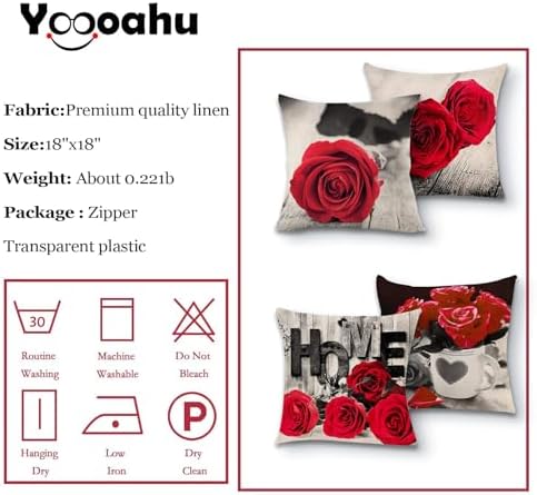 Farmhouse Floral Pillow Covers 18x18 Set of 4, Black Red Rose Throw Pillow Cover for Couch Home Decor, Vintage Cotton Linen Square Flower Cushion Case Sofa Bedroom Outdoor Patio Furniture Decoration - Image 6
