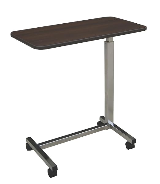 Medline Economy Overbed Table with Wheels - Versatile Use for Home, Nursing Home, Assisted Living or Hospital - Walnut Top, Silver Hammertone Base - Adjustable & Portable by Medline