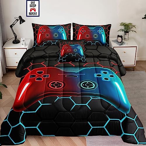 6 Pieces Bed in a Bag for Boys Bedding Sets Full Size,Gamer Comforter Sets for Boys Kids, Gaming Comforter Set for Teens Room Decor with Flat Sheet,Fitted Sheet,Pillowcase,Cushion Cover by lrisBedding