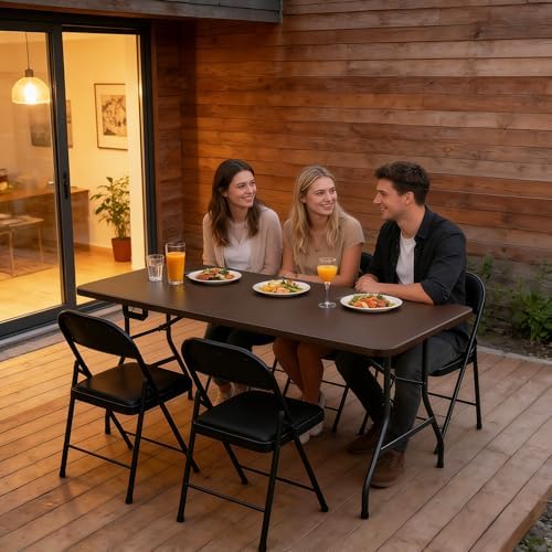 6FT Folding Table, Heavy Duty Plastic Fold-in-Half Utility Table with Handle, Portable Camping Picnic Table with Steel Legs for Indoor Outdoor Party, Dining, Brown,2 Pack - Image 2