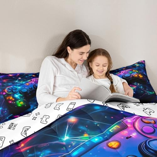Feelyou Kids Gamer Comforter Set Toddler Size, Galaxy Gaming Bedding Set Glitter Game Comforter Boys Girls Gamepad Teens Duvet Set Bedroom Decor Bed Set 2Pcs - Image 6
