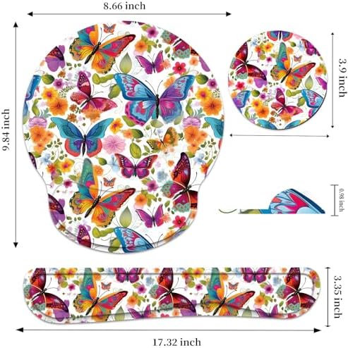 Keyboard Wrist Rest and Mouse Pad Wrist Support Set with Coaster,Ergonomic Mouse Pad,Comfortable for Easy Typing, Pain Relief,Memory Foam Keyboard Pad Set for Laptop Mac,Colorful Butterfly and Flower - Image 2