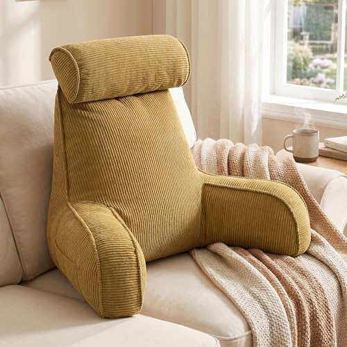 Bed Rest Reading Pillow, Backrest Pillow with Arms, Corduroy Back Support Cushion with Side Pockets & Washable Cover, for Sitting Up in Bed, Sofa Relaxing & Watching TV, Mustard Yellow - Image 2
