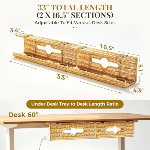 Handmade Rattan Under Desk Cable Management Tray 2 Pack, Natural - Image 2