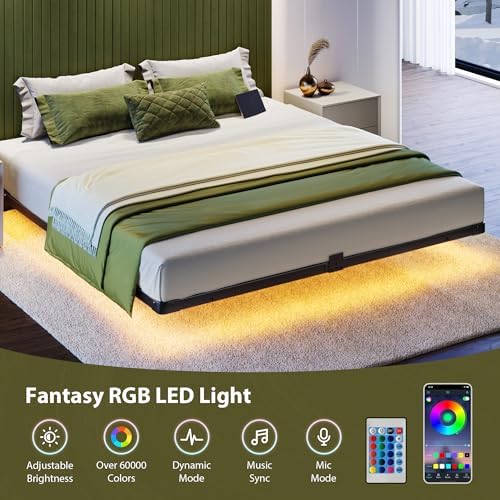 Floating Bed Frame Queen Size, Smart LED Lights & Charging Station, 9.45" High Clearance, Mattress Slide Stopper, Noise-Free, No Box Spring Needed, Easy Assembly - Image 4