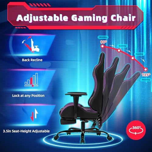 ECOTOUGE Violet Ergonomic PC Massage Gaming Chair with Footrest | Reclining Racing PU Leather, Swivel Rocker, Headrest, Lumbar Pillow, Office Desk Chair, Adjustable Height, Sturdy Base - Image 5