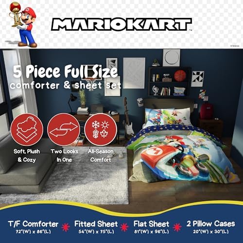 Super Mario Kart Game Kids Bedding Set, Full Size, 5-Piece Super Soft Cozy Reversible Comforter & Sheet Set (Officially Licensed Product) by Franco - Image 3