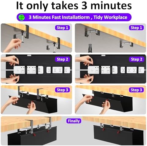 Under Desk Cable Management Tray - Under Desk Cord Management - Clamp/Screw Mount - Fabric Wire Management - Cable Raceways Tray Cord Hiders for Office/Home (Black, 28.5×5.6") - Image 4