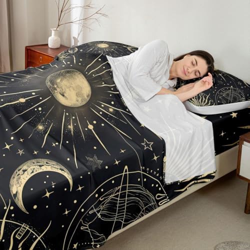 Erosebridal Bohemian Sun Moon Sheet Set Twin Galaxy Top Sheet Constellation Fitted Sheet Starry Sky Bed Sheet Exotic Style Golden Black Room Decorative Flat Sheet Cartoon Deep Pocket Fitted Sheets - Image 3