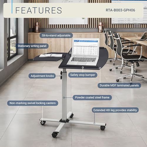 Techni Mobili Adjustable Height Rolling Laptop Cart w/ Tilting Top Graphite - Image 4