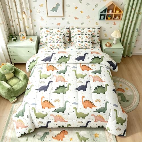 Feelyou Dinosaur Comforter Set Queen Size 7 Pieces 3D Digital Print Bedding Set for Kids Boys Girls Jungle Dino Bed in a Bag with Comforter, Sheets, Pillowcases, Cushion Covers Bedroom Decor by Feelyou