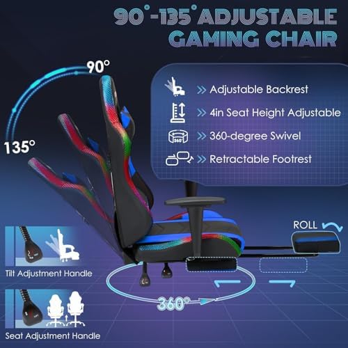 ECOTOUGE Gaming Chair Computer Chair with RGB LED Lights & Massage | High Back Ergonomic Chair for Adults with Footrest and Swivel Seat, Linkage Armrests& Headrest Lumbar Support, Black&Blue - Image 6