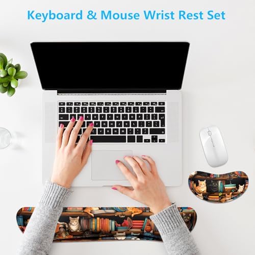 Dapesuom Enlarge Keyboard Wrist Rest, Memory Foam Wrist Cushion for Desk Mats Support, Cute Typing Pain Relief Keyboard Mouse Pad Rests Set with Non-Slip Base for Gaming Laptop Computer, Library Cats - Image 7