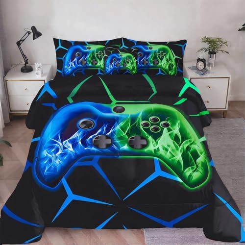 ZRNBAST Blue Green Gamer Comforter Set Full Size Boys Gaming Bed in a Bag by ZRNBAST