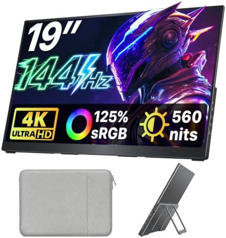 Upperizon Portable Monitor 19 inch 4K UHD 3840X2160 125% sRGB 144Hz HDR HDMI USB-C Travel Monitor for Laptop MacBook PC Surface Xbox, Large External Display with Kickstand & Speakers, VESA Compatible by Upperizon