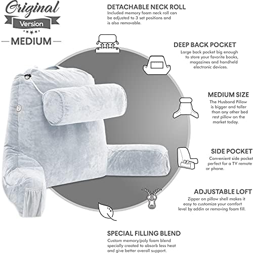 Husband Pillow Medium Reading Pillow with Arms - 23" Backrest for Sitting Up in Bed - Firm Support Bed Rest Pillow for Adults, Neck Roll, Removable Cover - TV, Reading, Lounging - Light Grey - Image 5