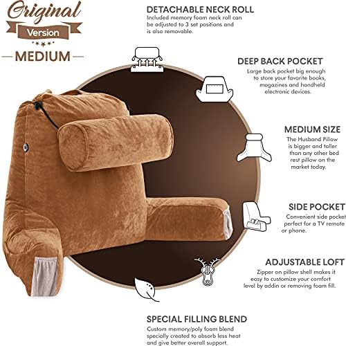 Husband Pillow Medium Reading Pillow with Arms - 23" Backrest for Sitting Up in Bed - Firm Support Bed Rest Pillow for Adults, Neck Roll, Removable Cover - TV, Reading, Lounging - Tan - Image 5