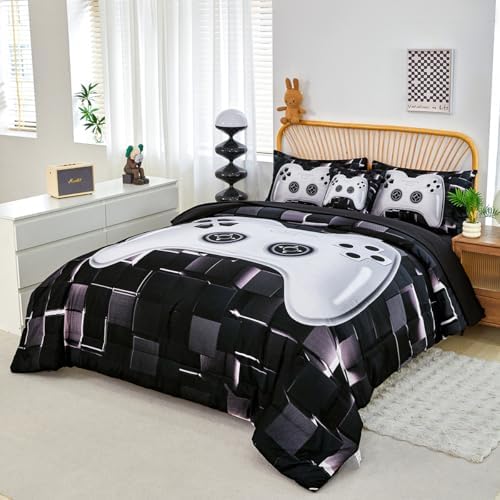 PERFEMET 6 Pieces Bed in A Bag Gamer Comforter Set Queen Size-Black White Game Console Bedding Set for Boys Girls-Soft Comfy 3D Cool Video Game Kids Bed Set(White, Queen) - Image 2