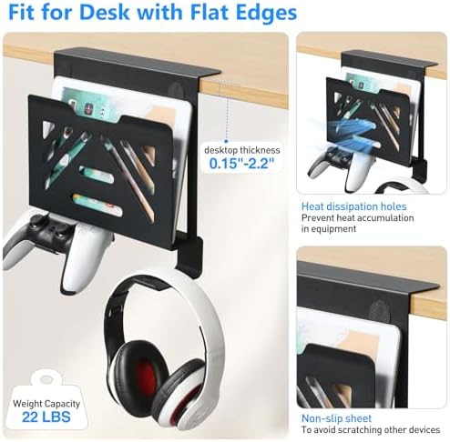 MAXECHO Desk Side Storage, Under Desk Laptop Mount, Table Side Hanging File Organizer, No Drill Clamp On Cable Management Tray, Laptop Holder with 2 Hooks for Office and Home, Load 22 Lbs - Image 2